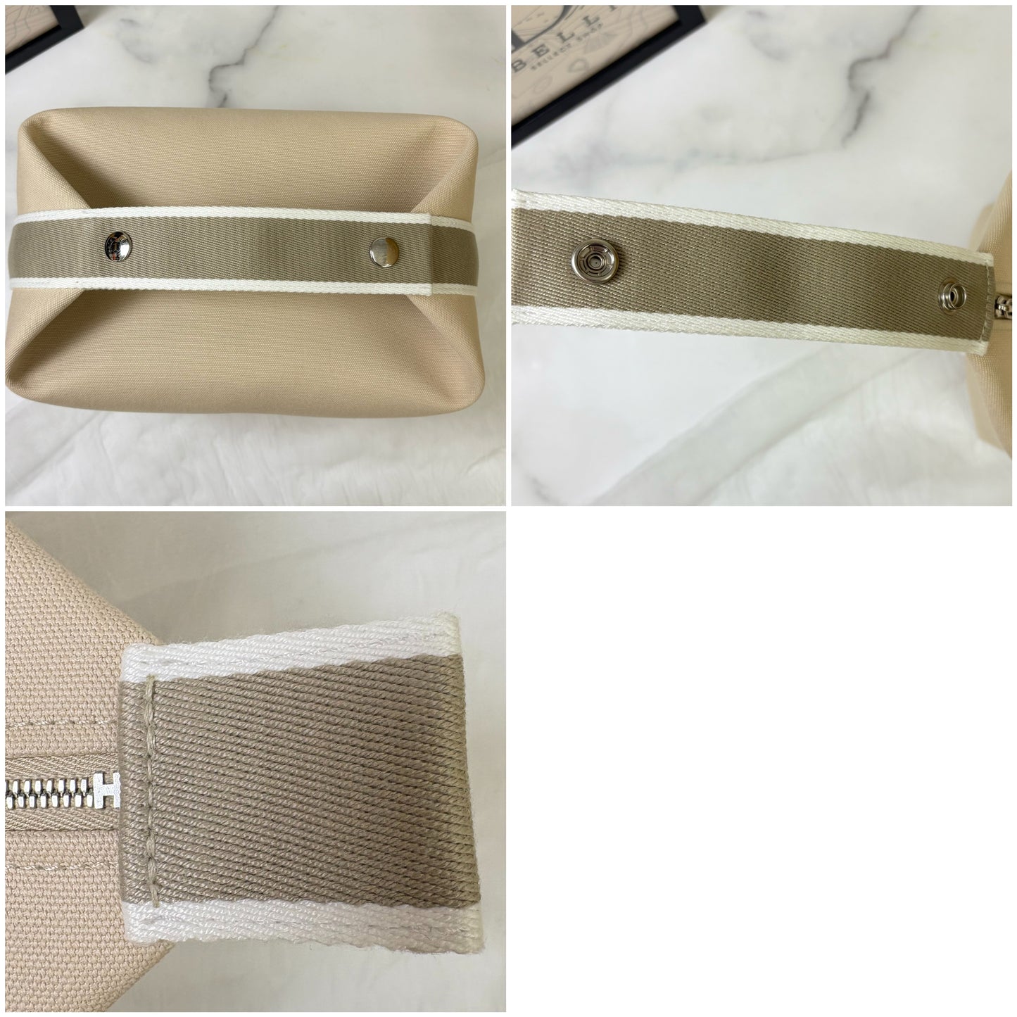 鑑定済み【 美品 】エルメス 《 ブリッド・ア・ブラック 》 GM ナチュラル ベージュ グレー シルバー金具 コットン ハンドバッグ ポーチ Hロゴ