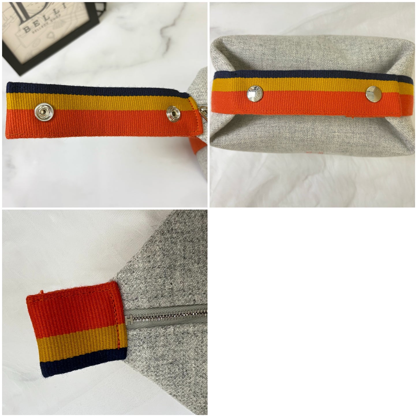 鑑定済み【 美品 】エルメス 《 ブリッド・ア・ブラック 》 PM グレー オレンジ シルバー金具 ウール ハンドバッグ ポーチ Hロゴ