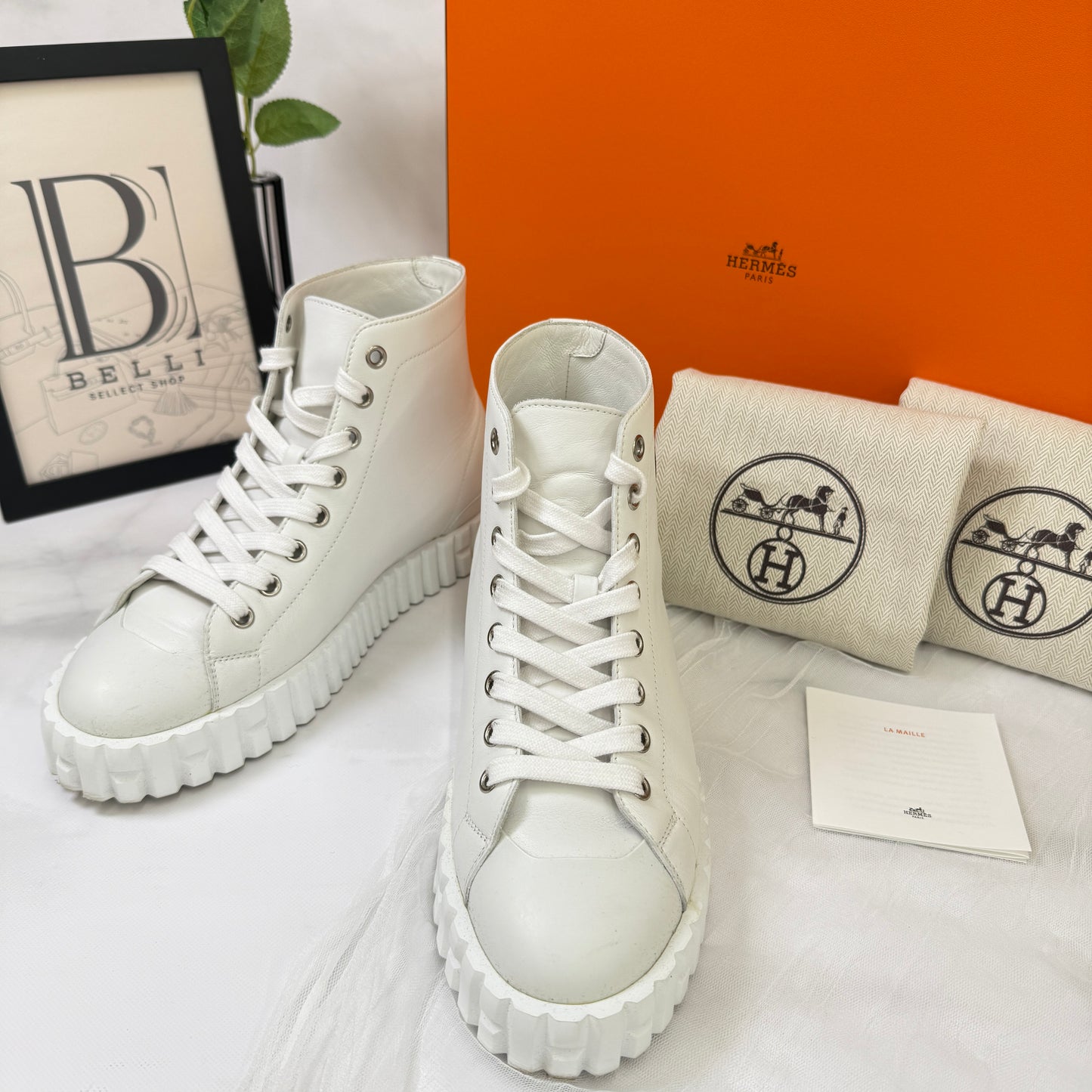 【 鑑定済み 】エルメス 《 クライム 》 37 ( 24cm程度 ) ホワイト ブラウン レザー スニーカー ハイカット エクスリブリス Hロゴ