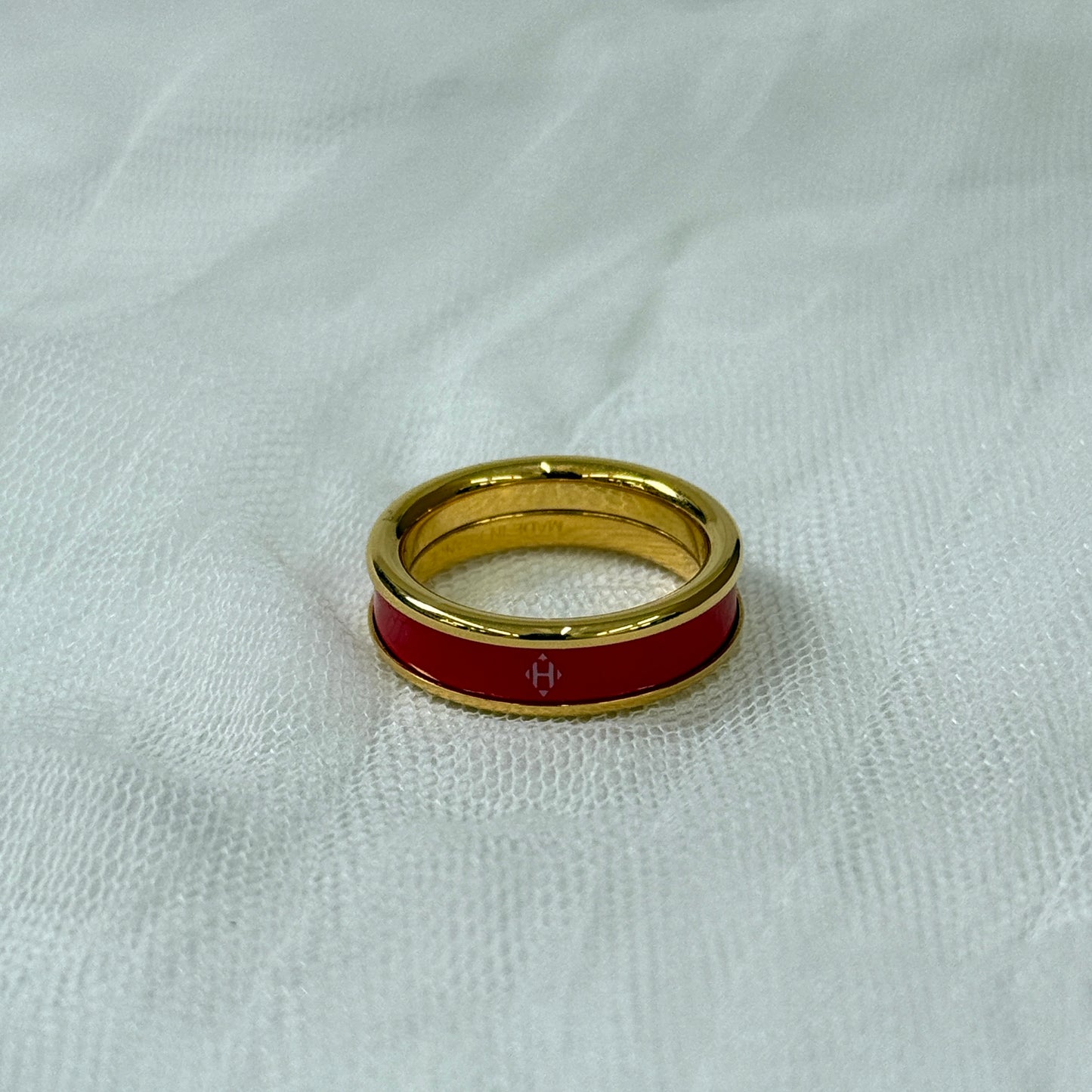 鑑定済み【 美品 】エルメス 《 ユニ 》PM #53 ( 13号サイズ程度 ) レッド ゴールド エナメル メタル リング 指輪 Hディアマン