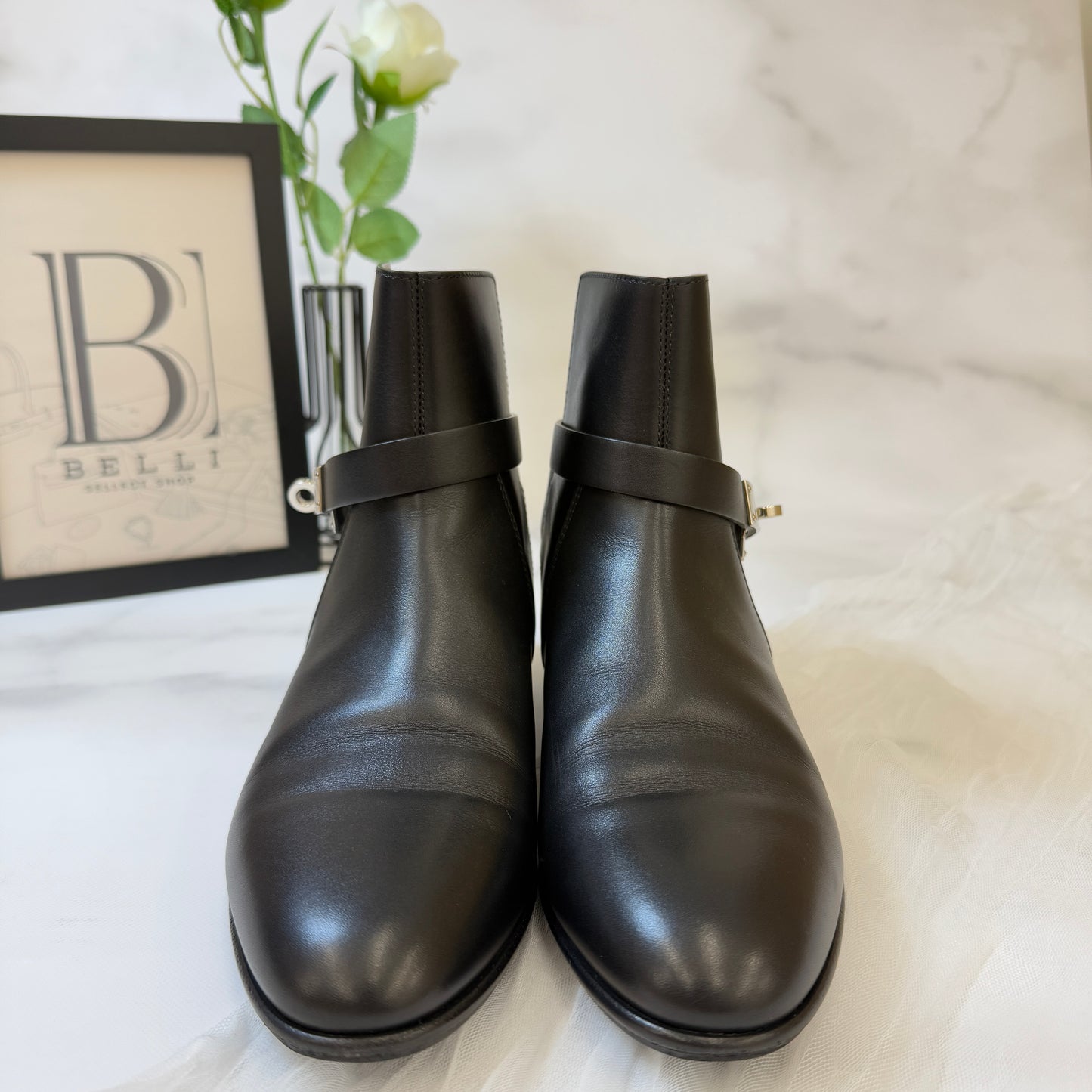鑑定済み【 美品 】エルメス 《 ネオ 》 37 ( 24cm程度 ) ブラック シルバー金具 レザー ショートブーツ ケリーバックル