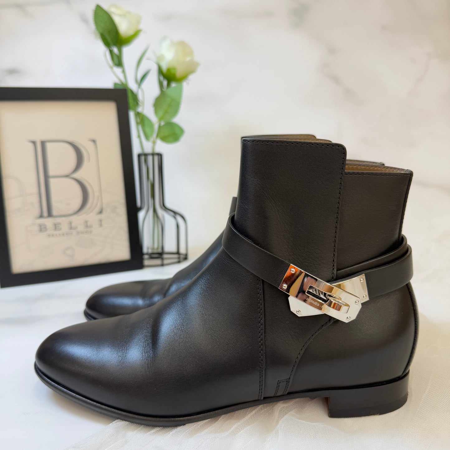 鑑定済み【 美品 】エルメス 《 ネオ 》 37 ( 24cm程度 ) ブラック シルバー金具 レザー ショートブーツ ケリーバックル