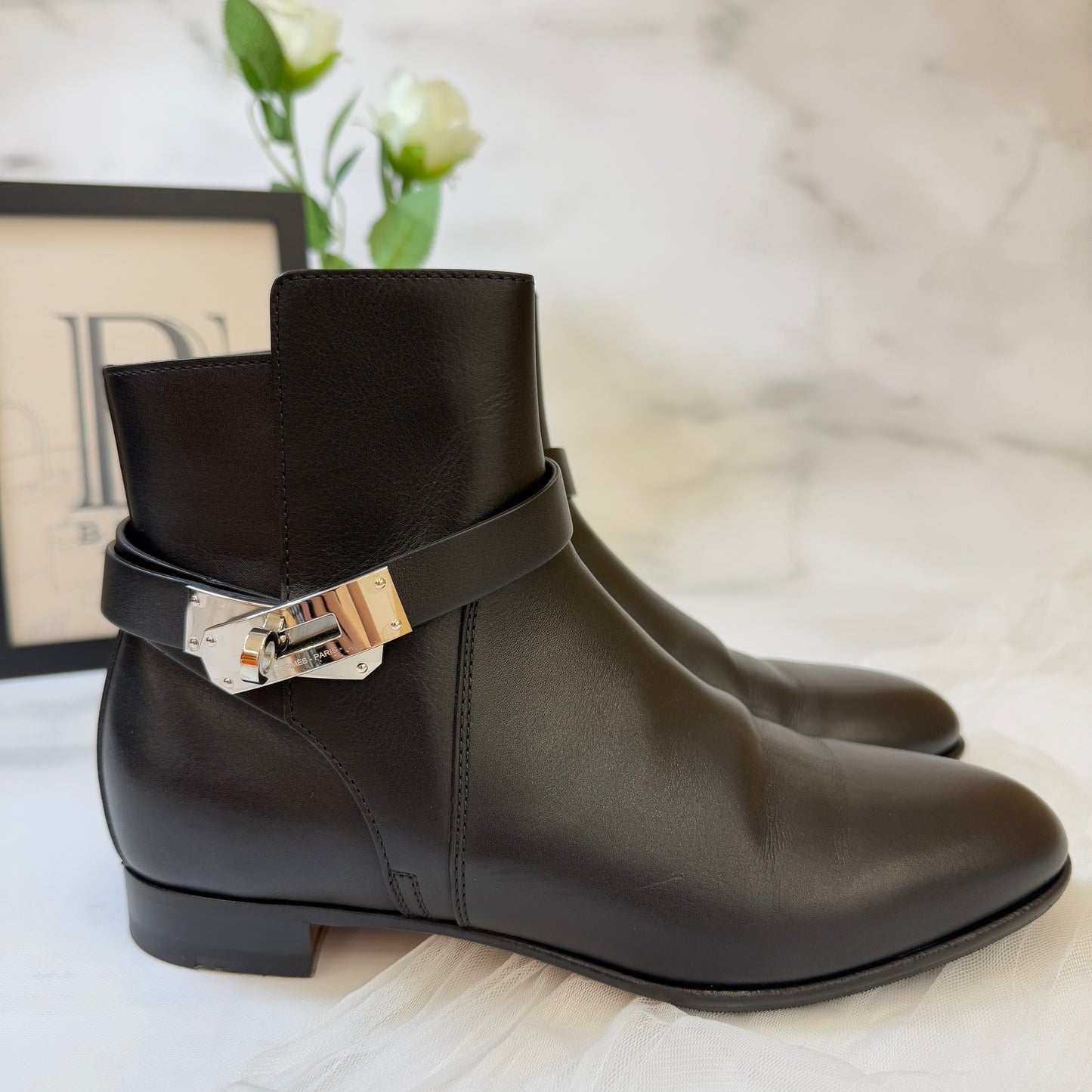 鑑定済み【 美品 】エルメス 《 ネオ 》 37 ( 24cm程度 ) ブラック シルバー金具 レザー ショートブーツ ケリーバックル
