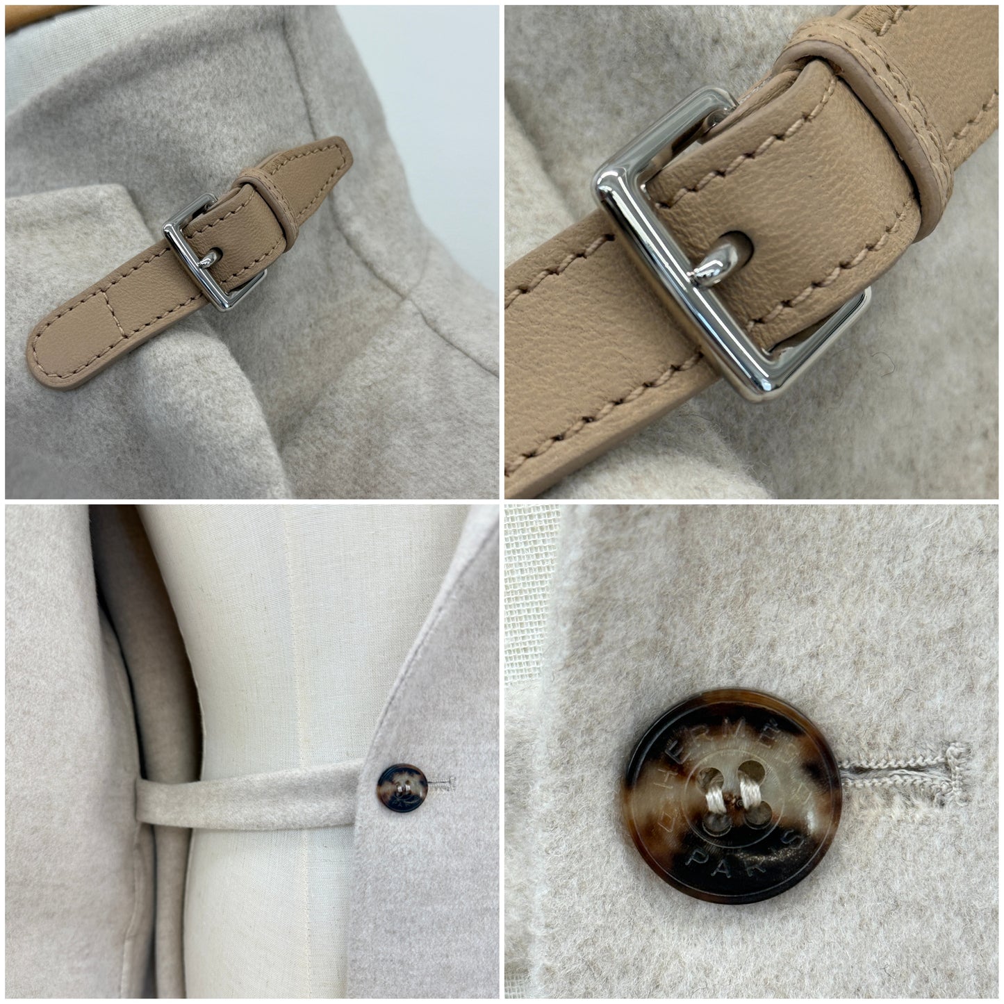 鑑定済み【 美品 】エルメス カシミアコート 34 ( 5号程度 ) 4H0104DB ベージュ ナチュラル カシミア ベルト付き アウター セリエボタン
