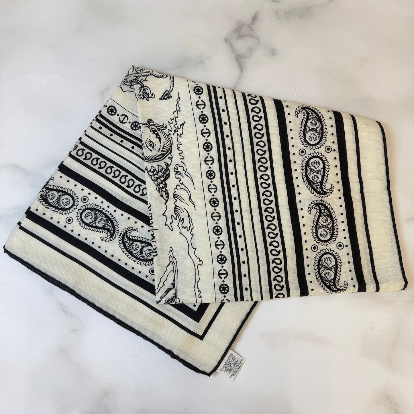 【 鑑定済み 】エルメス カレジェアン 140 《 船乗りのタトゥー バンダナ 》 ホワイト ブラック カシシル スカーフ ショール 碇 人魚