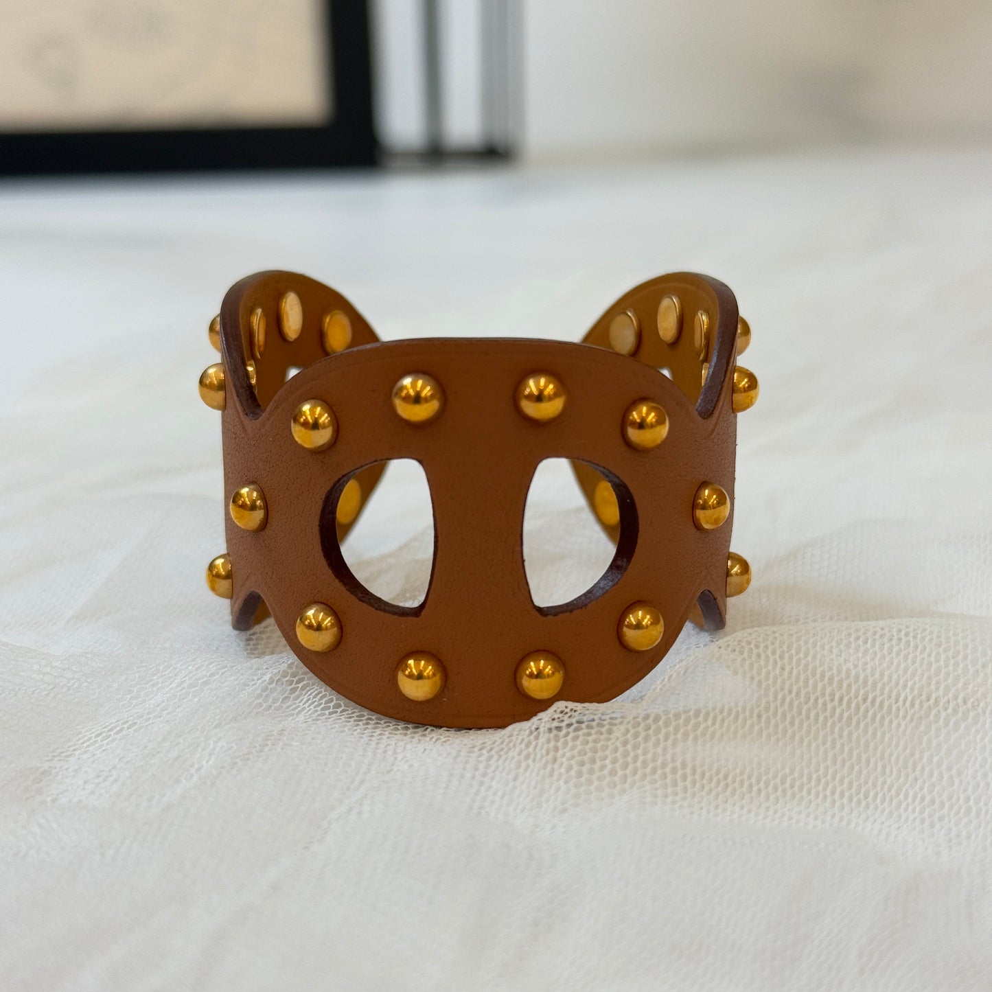 鑑定済み【 美品 】エルメス 《 シェーヌ ダンクル 》 ブレスレット ブラウン レザー ゴールド金具 スタッズ バングル Z刻印