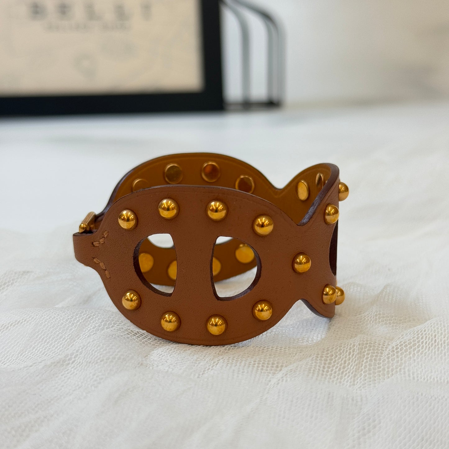 鑑定済み【 美品 】エルメス 《 シェーヌ ダンクル 》 ブレスレット ブラウン レザー ゴールド金具 スタッズ バングル Z刻印