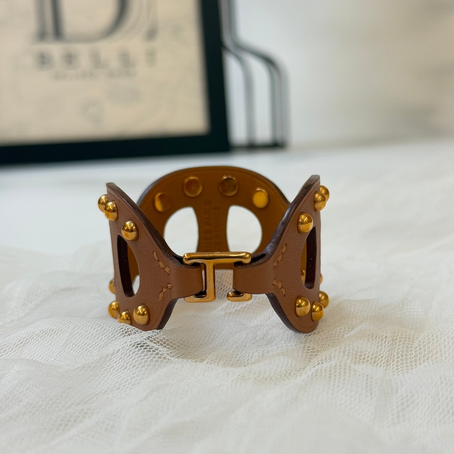 鑑定済み【 美品 】エルメス 《 シェーヌ ダンクル 》 ブレスレット ブラウン レザー ゴールド金具 スタッズ バングル Z刻印