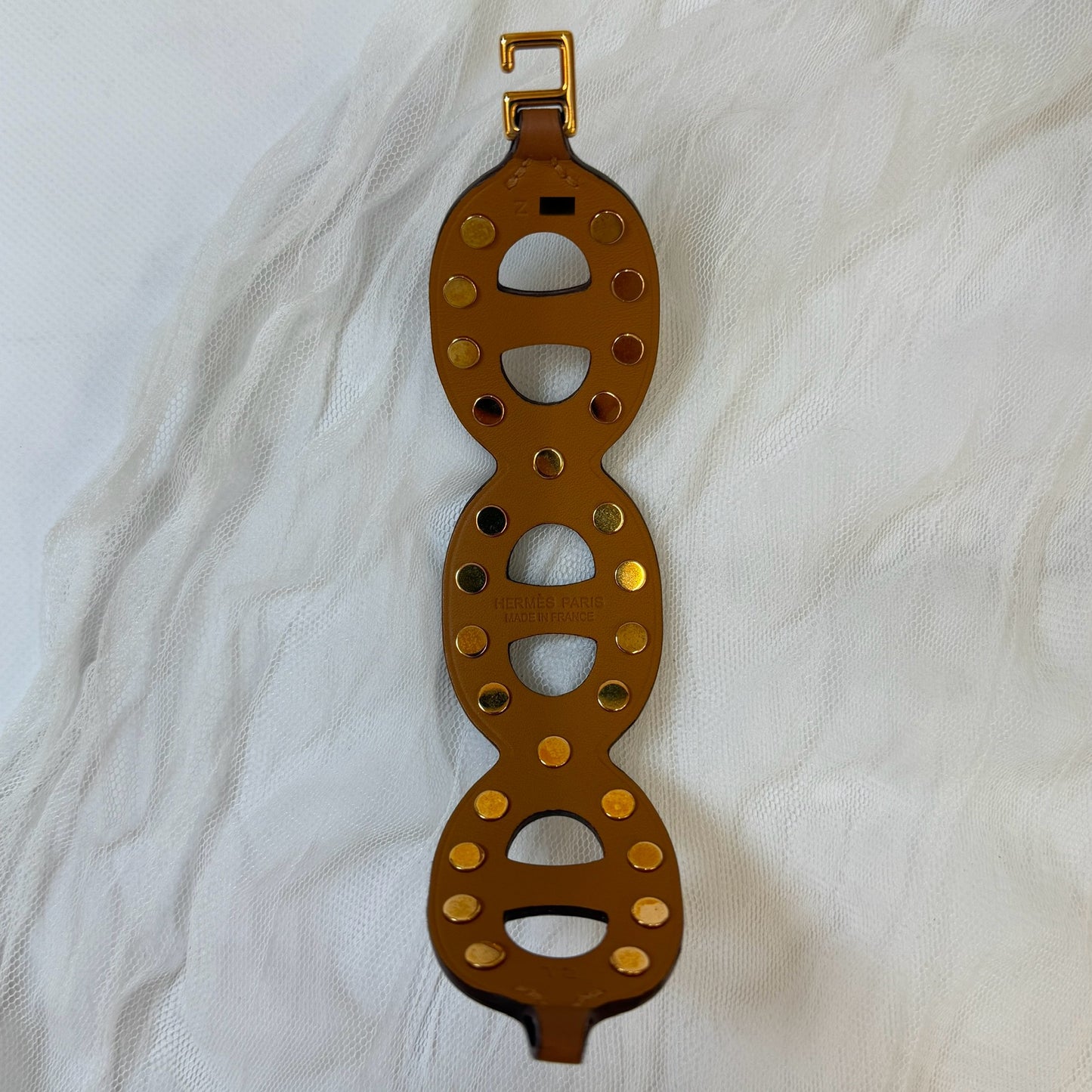鑑定済み【 美品 】エルメス 《 シェーヌ ダンクル 》 ブレスレット ブラウン レザー ゴールド金具 スタッズ バングル Z刻印