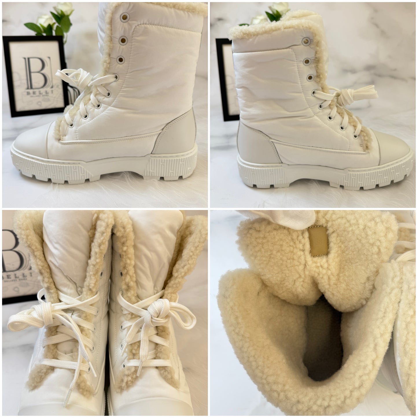 鑑定済み【 美品 】エルメス 《 フレッシュ 》 38 ( 24.5程度 ) ホワイト パラシュートファブリック ボア ブーツ セリエモチーフ
