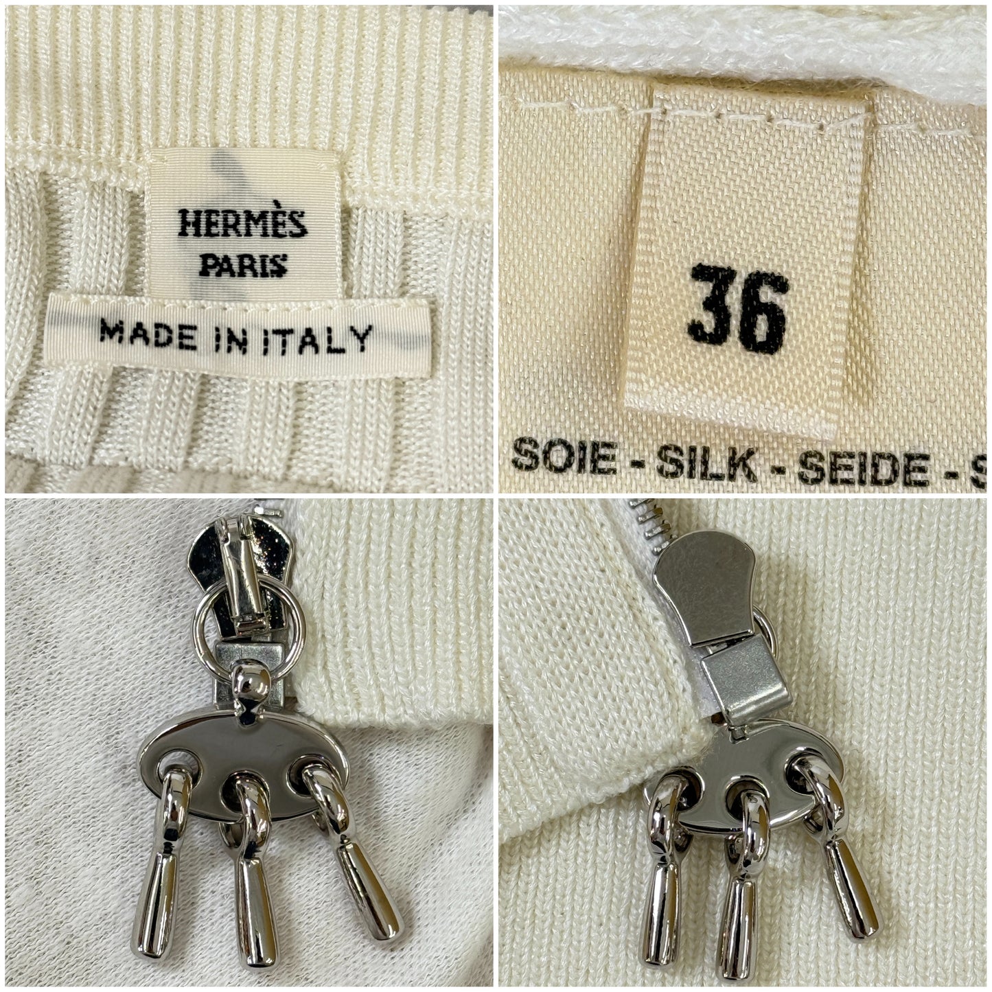 鑑定済み【 美品 】エルメス カーディガン 36 ( Sサイズ程度 ) ホワイト シルバー金具 コットン シルク 長袖 ニット